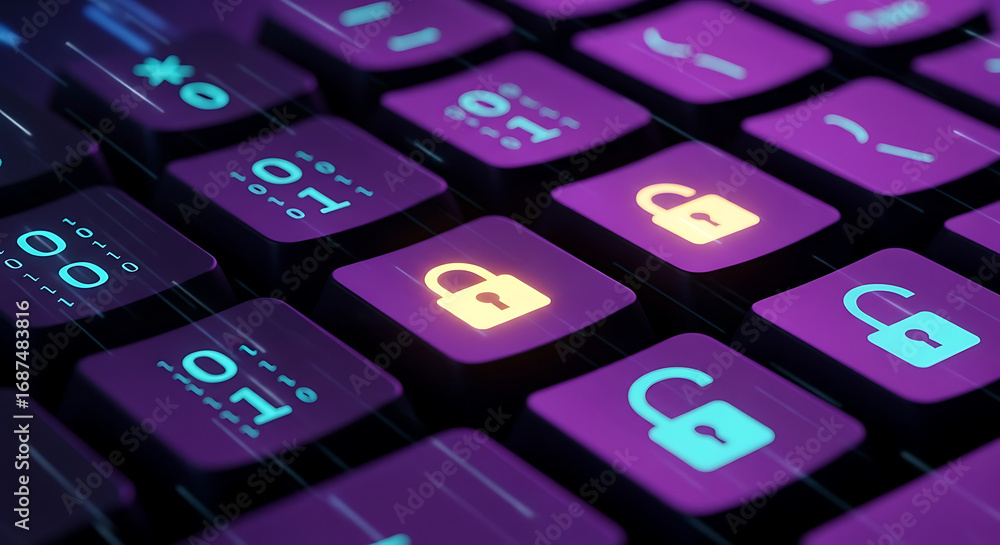 Poster futuristic keyboard with glowing neon keys representing digital cybersecurity, data encryption, and 