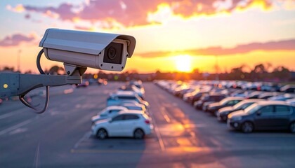 "Surveillance camera overlooking parking lot at sunset with vibrant sky and parked cars, symbolizing security and urban contrast"