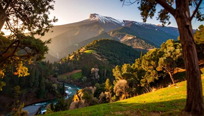 Naklejka premium Mountain valley vista at golden hour