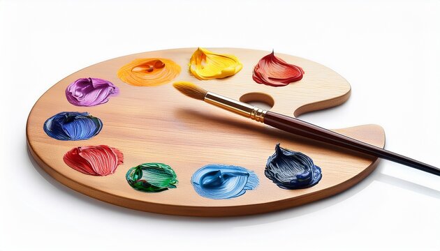 wooden art palette with colorful oil paint blobs and a paintbrush isolated on white background art creativity painting