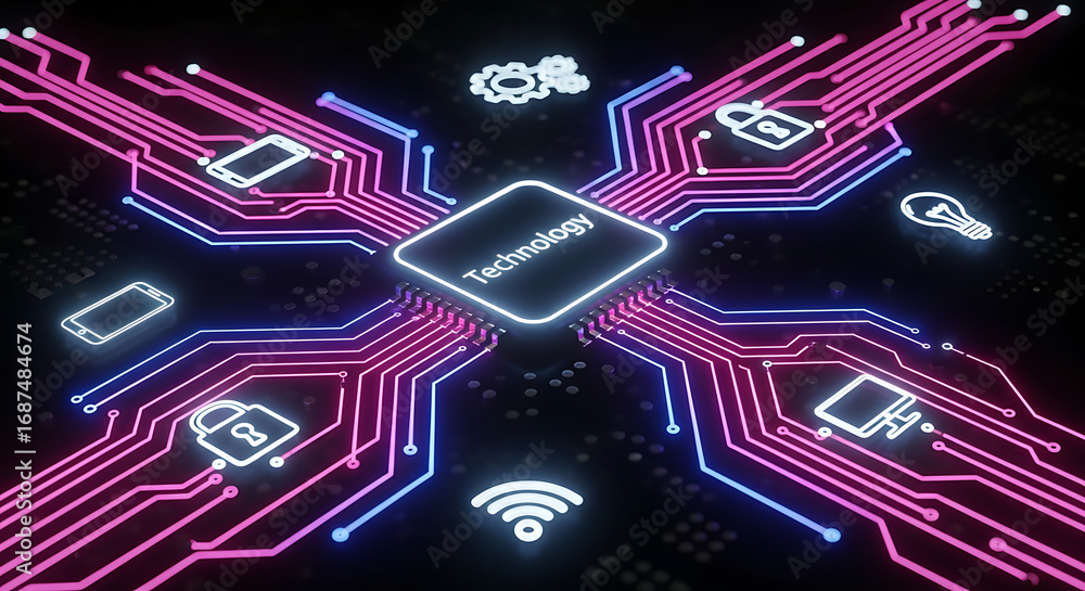 Poster futuristic digital landscape showing a central processing unit powering an interconnected network fo
