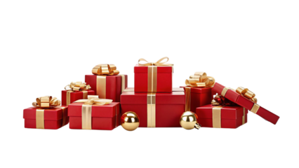 Stack of red gift boxes with gold ribbon and bows isolated on transparent background