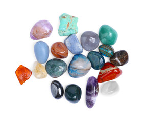 Many different healing stones isolated on white, top view