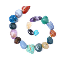 Many different healing stones isolated on white, top view