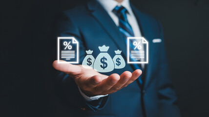 Professional businessman offers financial growth opportunities with bags of money and percentage documents