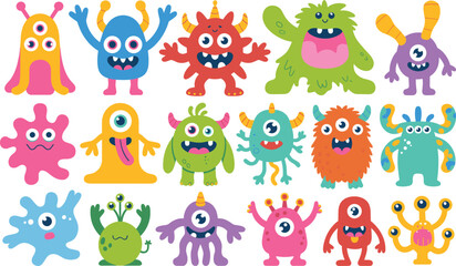 Twenty colorful cartoon monsters with various shapes and expressions Keywords: monster, monsters