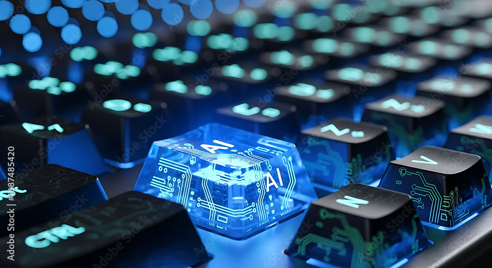 Fototapete futuristic computer keyboard with a glowing blue ai microchip key, symbolizing the dawn of advanced 