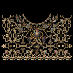 Indian traditional artwork embroidery Neckline design illustrated Multi ethnic flowers and leafs leaves with trendy embroidered ornaments and motifs Bunches.  © Aliya