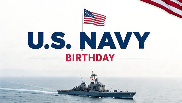 U.S. Navy Birthday Celebration with Naval Ship and American Flag

