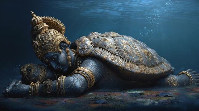 Lord Vishnu in his Kurma turtle avatar depicted with divine symbolism, mythological art of protection and balance