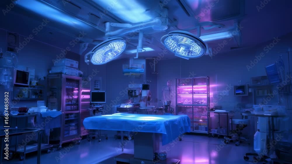 Poster intimate medium view of a sterile surgical setup lit solely by uvc light with light patterns accentu