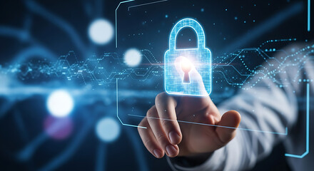 Futuristic cybersecurity concept showing a hand activating a glowing digital padlock on a virtual network interface