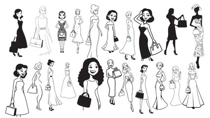 Beautiful Woman Formal Dress Standing Hold Bag Silhouette 2D Cartoon Character Black White Background