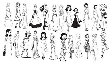 Beautiful Woman Formal Dress Standing Hold Bag Silhouette 2D Cartoon Character Black White Background