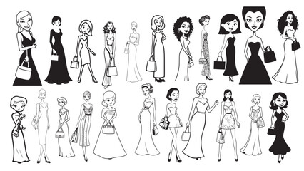 Beautiful Woman Formal Dress Standing Hold Bag Silhouette 2D Cartoon Character Black White Background