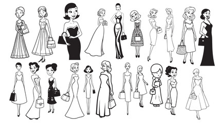 Beautiful Woman Formal Dress Standing Hold Bag Silhouette 2D Cartoon Character Black White Background