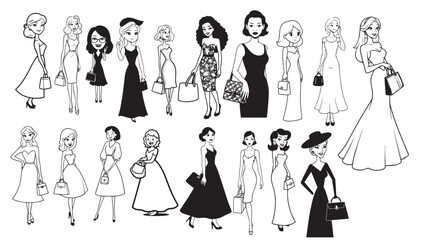 Beautiful Woman Formal Dress Standing Hold Bag Silhouette 2D Cartoon Character Black White Background