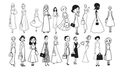 Beautiful Woman Formal Dress Standing Hold Bag Silhouette 2D Cartoon Character Black White Background