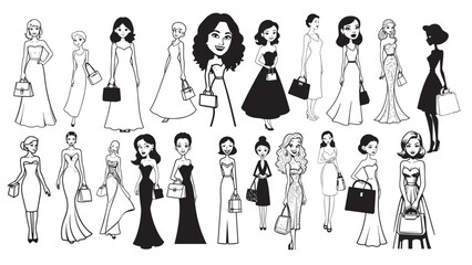 Beautiful Woman Formal Dress Standing Hold Bag Silhouette 2D Cartoon Character Black White Background