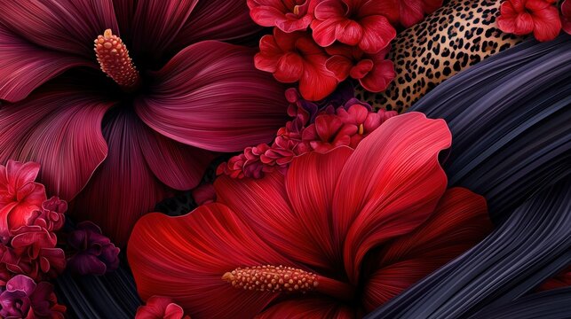 Close-up of vibrant red hibiscus flowers intertwined with dark fabric and leopard print, creating a rich, textural composition.