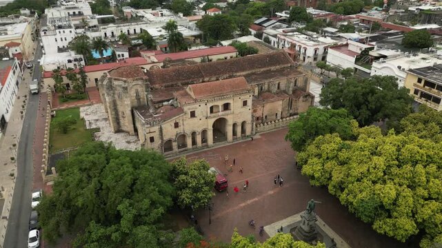 Drone capture of Zona Colonial &mdash; UNESCO World Heritage Site with historic streets and architecture. Filmed 06 August 2025, Santo Domingo, Dominican Republic