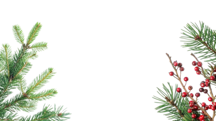 Christmas tree branches and red berries isolated on transparent background