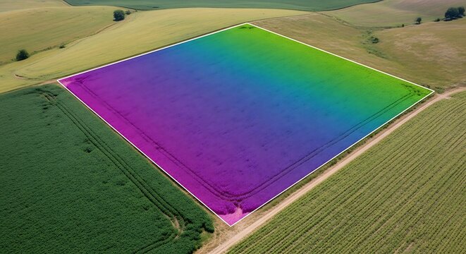 Smart agriculture technology using a drone to map and analyze crop growth on a modern farm field with a colorful data overlay
