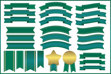 シンプルで可愛い緑のリボンとゴールドのメダル素材セット