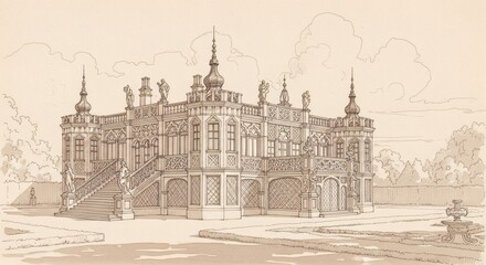Intricate Castle Sketch A Detailed Architectural Drawing of a Grand Estate