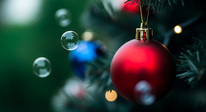 Christmas tree with red bauble and bubbles.