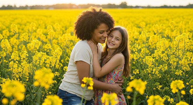 Affectionate mother daughter field embrace