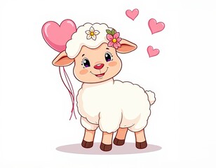 Obraz premium Adorable cartoon sheep holding a pink heart balloon, radiating love and joy with floating hearts