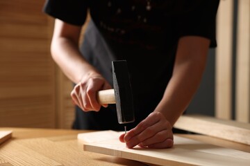 Man hammering nail into wooden plank indoors, closeup