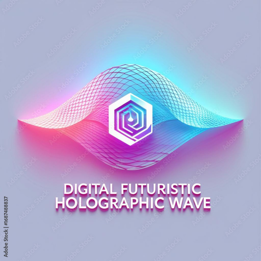Poster abstract mesh structure with hexagonal emblem illuminated by vibrant pink and cyan gradient light ef