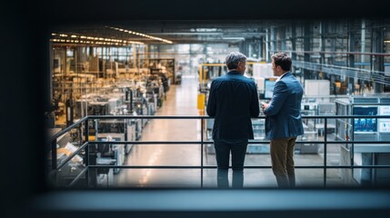 Businessman and manager having a conversation in a modern factory, standing on a mezzanine overlooking the production line with a control panel.