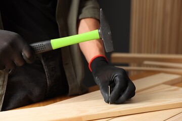 Man hammering nail into wooden plank indoors, closeup