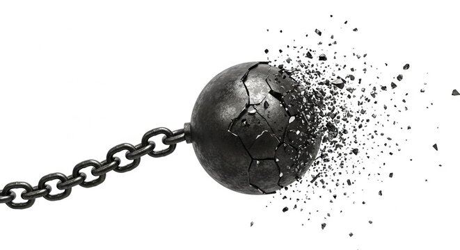 A black wrecking ball partially shattered and connected to a metal chain against a white background - Powered by Adobe