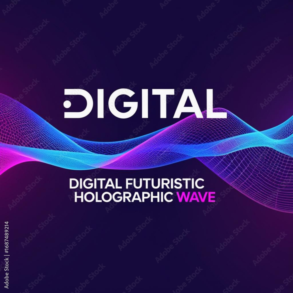 Poster futuristic holographic wave with glowing grid lines on purple background with bold text above the de