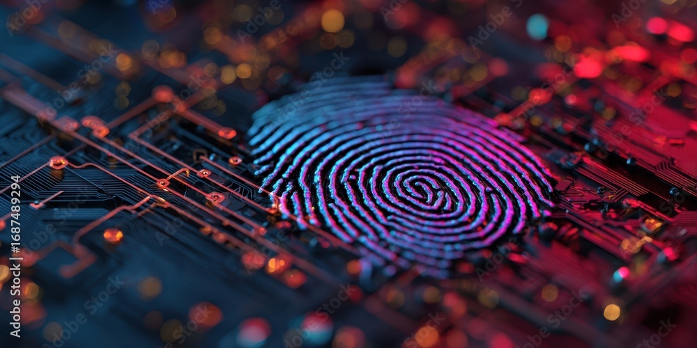 Poster the intricate fingerprint overlaying a futuristic circuit board design