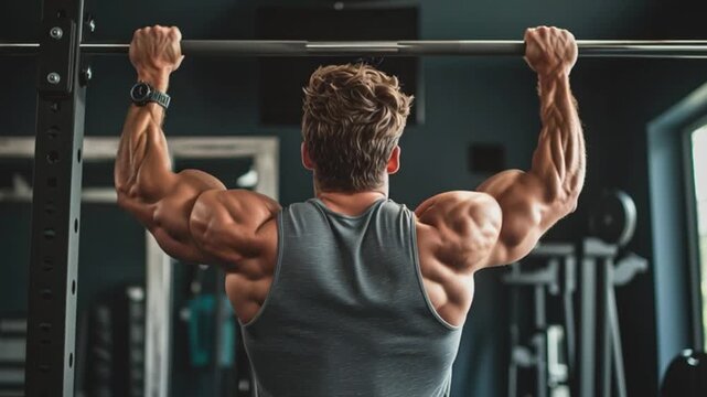 Muscular man doing pull ups in gym workout strong back training bodybuilding exercise fitness model strength athlete lifestyle power motivation health muscle building upper body workout determination 