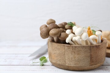 Different raw mushrooms and microgreens in bowl on light wooden table, closeup. Space for text