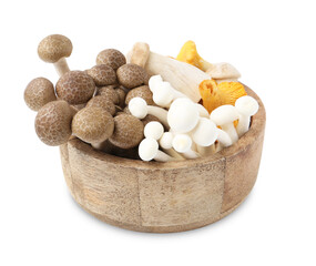 Different raw mushrooms in bowl isolated on white
