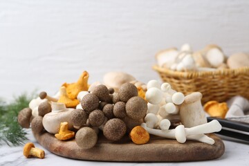 Different raw mushrooms on light table, closeup