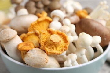 Different raw mushrooms in bowl on table, closeup