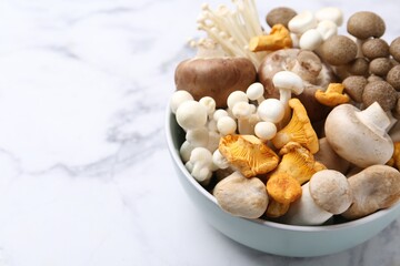 Different raw mushrooms in bowl on light marble table, closeup. Space for text