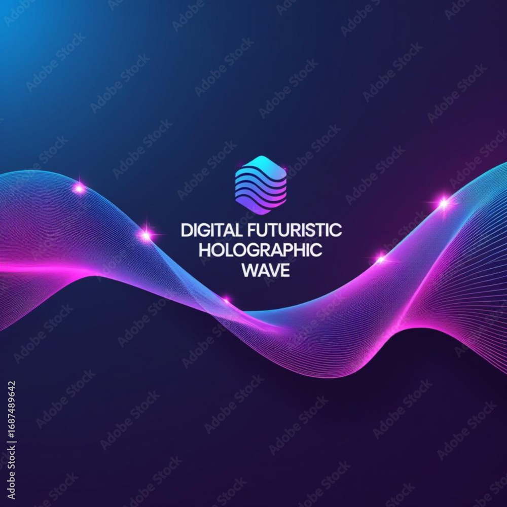 Poster abstract neon light form with glowing particles and lines on dark blue background for futuristic des