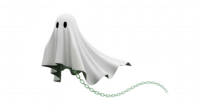Cute ghost with chain, floating and spooky, isolated on transparent background