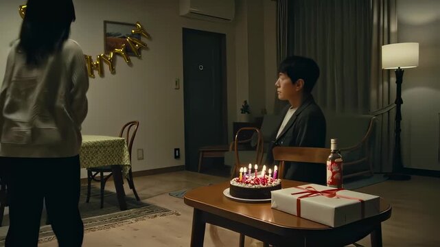 Host stands over table of gifts and cake, empty celebration banner droops, empty celebration room echoes absence, empty celebration frames quiet sorrow. Concept of missing guests.
