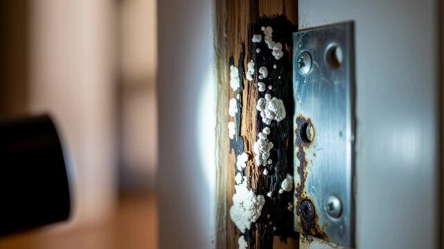 Rot inspection in door jamb plate area using flashlight highlighting fungus and moisture damage causing wood rot.