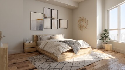 a minimalist bedroom with a platform bed geometric rug and minimalist artwork on the walls